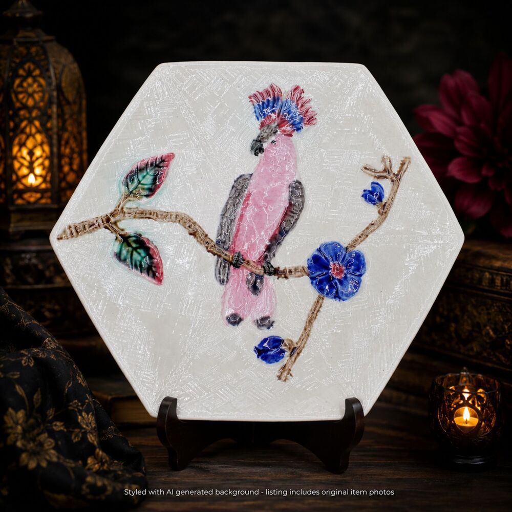 Antique William Brownfield Majolica Plate Cockatoo Hexagon Victorian England